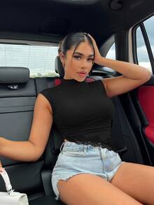 SHEIN SXY 夏季性感純色小高領上衣 外出夜店穿搭 黑色 - 黑色 - 查看 3