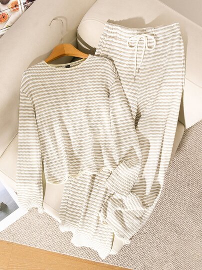 Story & Sage Women's Casual Home Vacation 2-Piece Set, Loose Fit Contrast Trim Striped Long Sleeve T-Shirt And Pants, Apricot White Khaki, Autumn/Winter Lounge