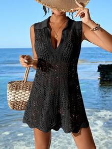Swim Vcay Women's Solid Color Turn-Down Collar Shell Hem Sheer Sleeveless Dress Summer - Black - View 5