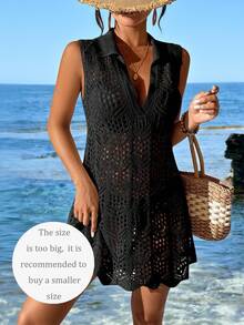 Swim Vcay Women's Solid Color Turn-Down Collar Shell Hem Sheer Sleeveless Dress Summer - Black - View 7