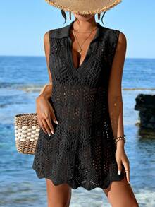 Swim Vcay Women's Solid Color Turn-Down Collar Shell Hem Sheer Sleeveless Dress Summer - Black - View 6