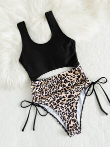 Swim Basics 2025 女式豹纹拼布镂空连体泳衣，随机印花 - 彩色 - 查看 2