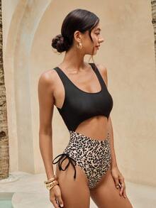 Swim Basics 2025 女式豹纹拼布镂空连体泳衣，随机印花 - 彩色 - 查看 7