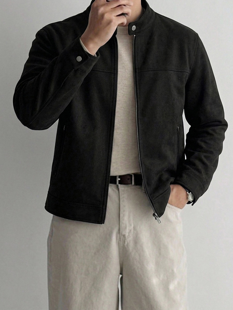 DAZY Autumn Solid Black Suede Velvet Small Stand Collar Button-Up Men's Jacket And Coat - Black - View 1