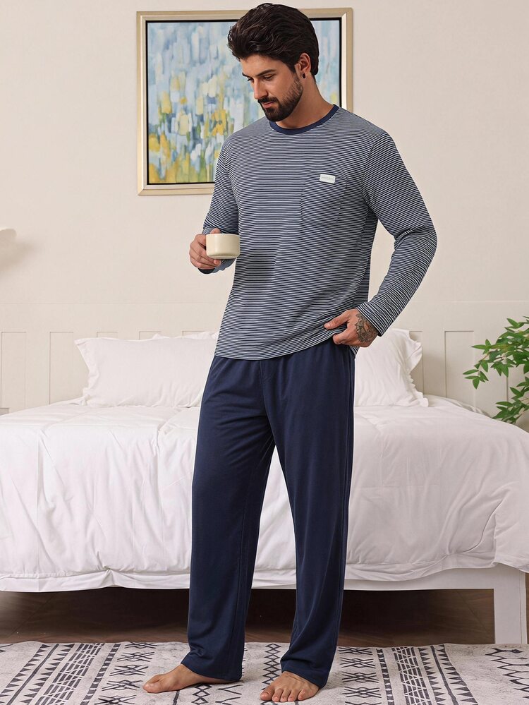 DAZY Spring/Autumn Striped Long Sleeve T-Shirt And Long Pants Men's Loungewear Set - Multicolor - View 4