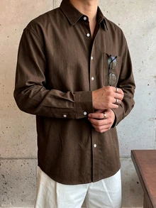 DAZY Casual Commute Solid Color Long Sleeve Men's Shirt Fall - Brown - View 3