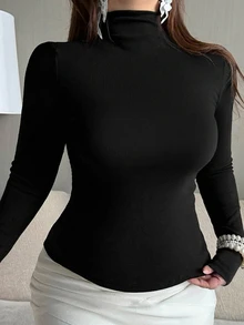 Dazy Plus Solid Color Elastic Fitted Casual Blogger Style Mock Neck Long Sleeve Base Layer Plus Size Women Spring Summer Autumn Pullover Black T-Shirt - Black - View 5