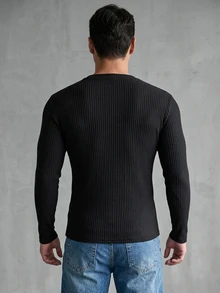 DAZY Spring/Autumn Ribbed Elastic Fabric Black Round Neck Long Sleeve Solid Color Men's T-Shirt - Black - View 2