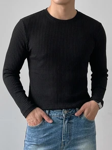 DAZY Spring/Autumn Ribbed Elastic Fabric Black Round Neck Long Sleeve Solid Color Men's T-Shirt - Black - View 4