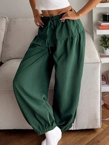 DAZY Women's Casual Drawstring Waist Loose Fit Loungewear Pants Fall - Dark Green - View 3
