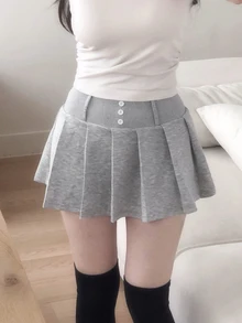 DAZY 女款休閒純色鈕扣設計百褶裙 秋季 - 灰色 - 查看 6