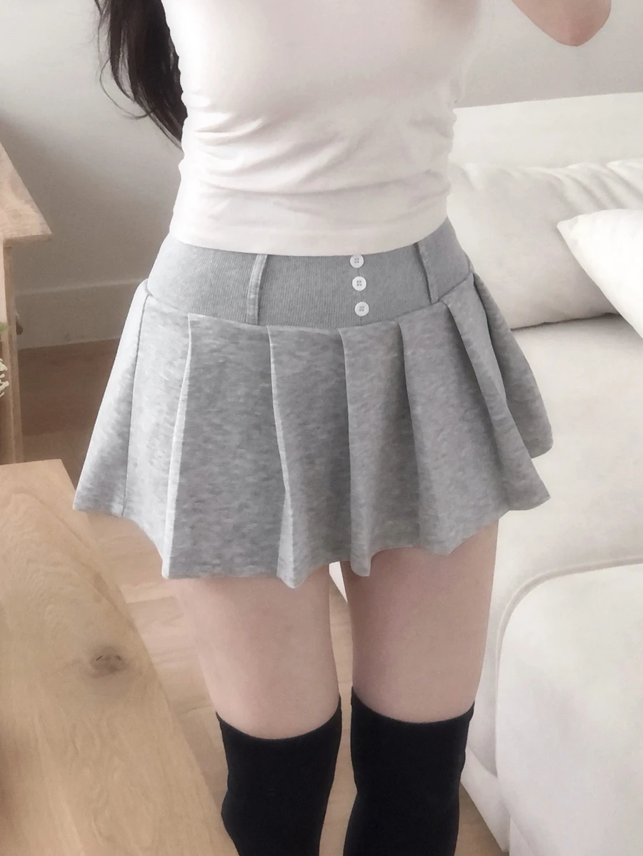 DAZY 女款休閒純色鈕扣設計百褶裙 秋季 - 灰色 - 查看 1