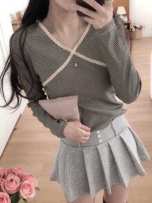 DAZY 女款休閒純色鈕扣設計百褶裙 秋季 - 灰色 - 查看 3