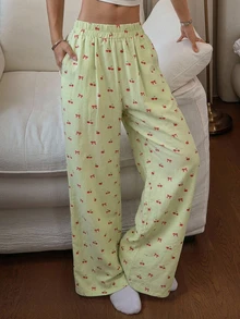 DAZY 甜美櫻桃圖案滿版印花女款寬鬆睡褲 秋季 - 綠色 - 查看 5