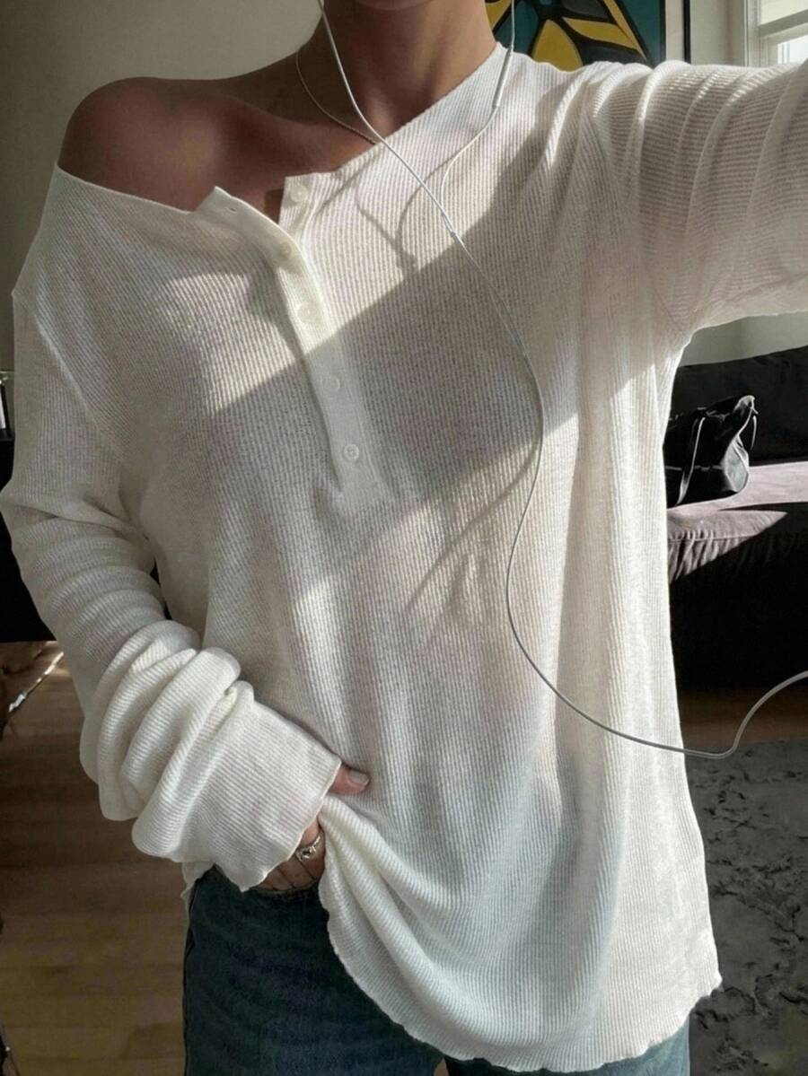 DAZY Women's Casual Versatile Solid Color Half-Button Long Sleeve T-Shirt Fall - White - View 1