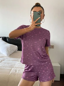 Livesso 2件組女款碎花短袖修身T恤睡衣套裝 秋季 - 紫羅蘭色 - 查看 6