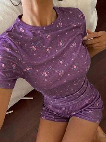 Livesso 2件組女款碎花短袖修身T恤睡衣套裝 秋季 - 紫羅蘭色 - 查看 4