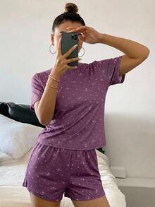 Livesso 2件組女款碎花短袖修身T恤睡衣套裝 秋季 - 紫羅蘭色 - 查看 5