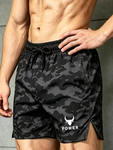 GymBeat Men's Drawstring Waist Camouflage Casual Daily Travel Sports Shorts, Gym - Black - View 7