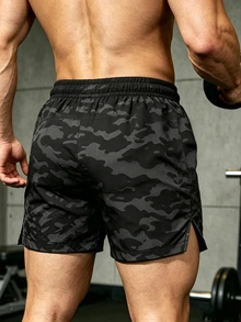 GymBeat Men's Drawstring Waist Camouflage Casual Daily Travel Sports Shorts, Gym - Black - View 2