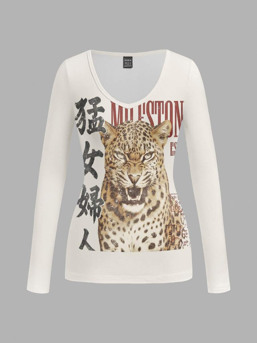 Attitoon 95%棉 全寬豹紋中文字與字母定位圖案 女款V領休閒極簡百搭修身長袖T恤,適合機場、春夏初秋街頭穿搭 - 彩色 - 查看 1