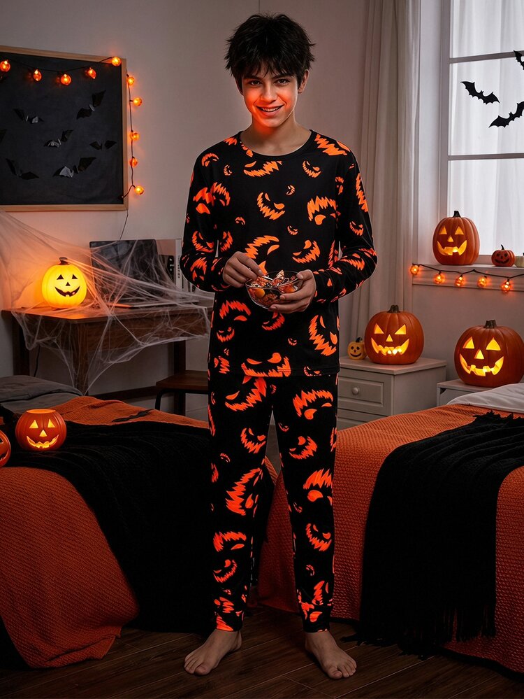 Teen Boys Cool Black Smiling Face Fluorescent Print High Elastic Ribbed Fabric Crew Neck Long Sleeve Top And Long Pants Casual Comfortable Snug Fit Loungewear 2-Piece Set - Black - View 8
