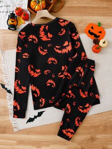 青少年男孩酷黑色笑臉螢光印花高彈力羅紋面料圓領長袖上衣與長褲休閒舒適貼身居家服2件套 - 黑色 - 查看 3