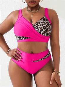Slaydiva 2026 Plus Size Women 2 Pieces Pink Leopard Print Ruched Cami Top Bottom Swimwear Set For Summer Beach Vacation Sexy Greek Goddess - Multicolor - View 4