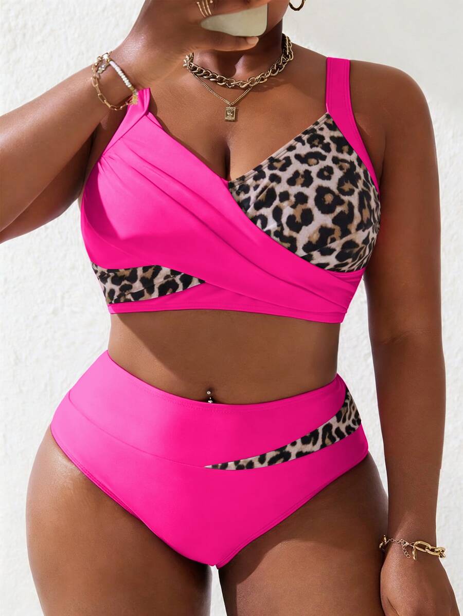 Slaydiva 2026 Plus Size Women 2 Pieces Pink Leopard Print Ruched Cami Top Bottom Swimwear Set For Summer Beach Vacation Sexy Greek Goddess