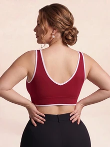 SHEIN Rhythm Era Tank Top Olahraga Kasual Wanita Ukuran Plus dengan Trim Bergaris - Burgundy - View 2