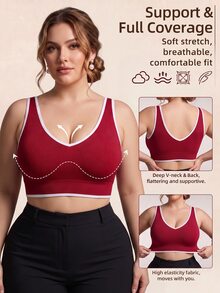 SHEIN Rhythm Era Tank Top Olahraga Kasual Wanita Ukuran Plus dengan Trim Bergaris - Burgundy - View 1