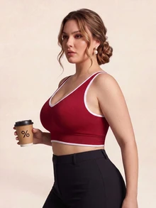 SHEIN Rhythm Era Tank Top Olahraga Kasual Wanita Ukuran Plus dengan Trim Bergaris - Burgundy - View 5