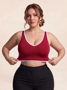 SHEIN Rhythm Era Tank Top Olahraga Kasual Wanita Ukuran Plus dengan Trim Bergaris - Burgundy - View 4