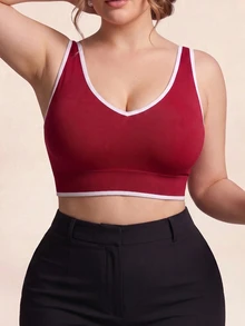 SHEIN Rhythm Era Tank Top Olahraga Kasual Wanita Ukuran Plus dengan Trim Bergaris - Burgundy - View 3