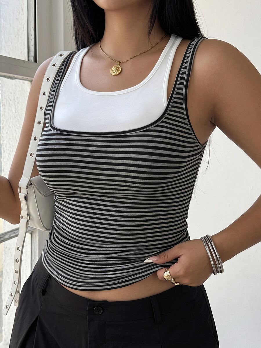 POPSWAY Débardeur 2 en 1 à imprimé rayé grande taille - Multicolore - Voir 1