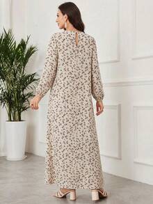 Al Najma Women's Elegant Ditsy Floral Lantern Sleeve Contrast Lace Loose Bohemian Dress, Suitable For Spring And Autumn - Apricot - View 2