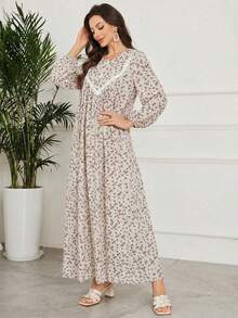 Al Najma Women's Elegant Ditsy Floral Lantern Sleeve Contrast Lace Loose Bohemian Dress, Suitable For Spring And Autumn - Apricot - View 6