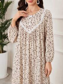 Al Najma Women's Elegant Ditsy Floral Lantern Sleeve Contrast Lace Loose Bohemian Dress, Suitable For Spring And Autumn - Apricot - View 3