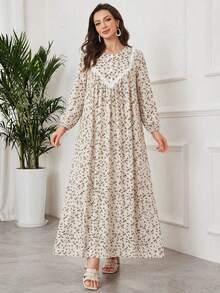 Al Najma Women's Elegant Ditsy Floral Lantern Sleeve Contrast Lace Loose Bohemian Dress, Suitable For Spring And Autumn - Apricot - View 4