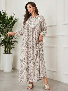Al Najma Women's Elegant Ditsy Floral Lantern Sleeve Contrast Lace Loose Bohemian Dress, Suitable For Spring And Autumn - Apricot - View 5