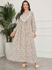 Al Najma Women's Elegant Ditsy Floral Lantern Sleeve Contrast Lace Loose Bohemian Dress, Suitable For Spring And Autumn - Apricot - View 7