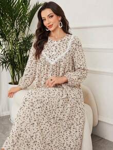Al Najma Women's Elegant Ditsy Floral Lantern Sleeve Contrast Lace Loose Bohemian Dress, Suitable For Spring And Autumn - Apricot - View 1
