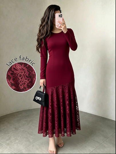 Modelyn Burgundy Round Neck Long Sleeve Fitted Contrast Lace Mermaid Long Muslim Dress