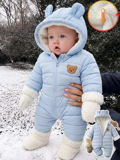 SHEIN Vintaside Kids Baby Boy Infant Toddler 0-3 Years Old Autumn/Winter Casual Daily Versatile Thermal Lined Thick Flannel Plush Bear Ear Hooded One-Piece Jumpsuit Ski Winter Outdoor