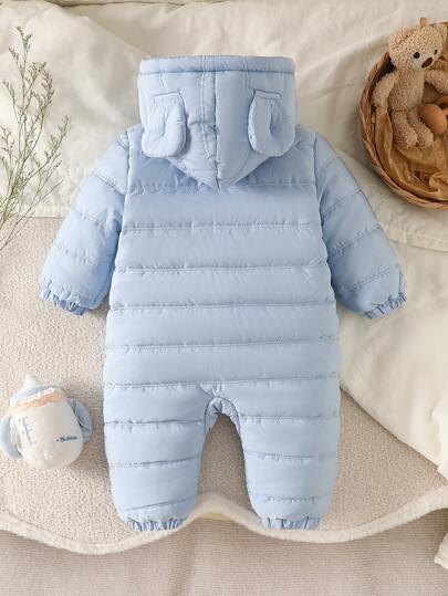 SHEIN Vintaside Kids Baby Boy Infant Toddler 0-3 Years Old Autumn/Winter Casual Daily Versatile Thermal Lined Thick Flannel Plush Bear Ear Hooded One-Piece Jumpsuit Ski Winter Outdoor