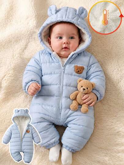 SHEIN Vintaside Kids Baby Boy Infant Toddler 0-3 Years Old Autumn/Winter Casual Daily Versatile Thermal Lined Thick Flannel Plush Bear Ear Hooded One-Piece Jumpsuit Ski Winter Outdoor