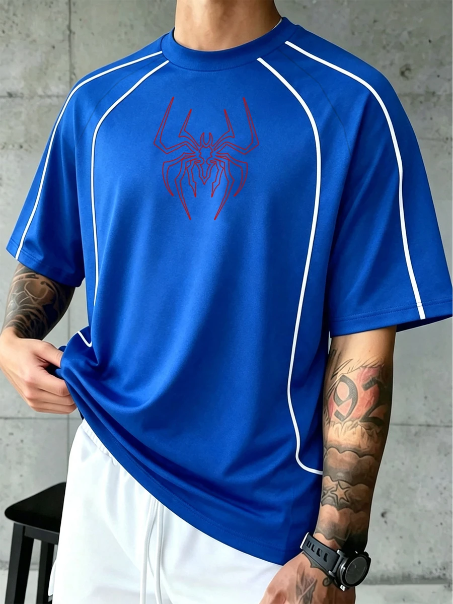 Sport MetroGents 男士蜘蛛圖案休閒百搭日常穿著運動T恤,健身房適用 - 藍色 - 查看 1