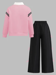 Tween Girls 2pcs/Set Round Neck Casual Everyday Commute School Style 2 In 1 Sweatshirt And Loose Wide-Leg Sweatpants Set, Spring/Autumn, Comfortable - Pink - View 2