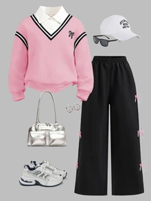 Tween Girls 2pcs/Set Round Neck Casual Everyday Commute School Style 2 In 1 Sweatshirt And Loose Wide-Leg Sweatpants Set, Spring/Autumn, Comfortable - Pink - View 3