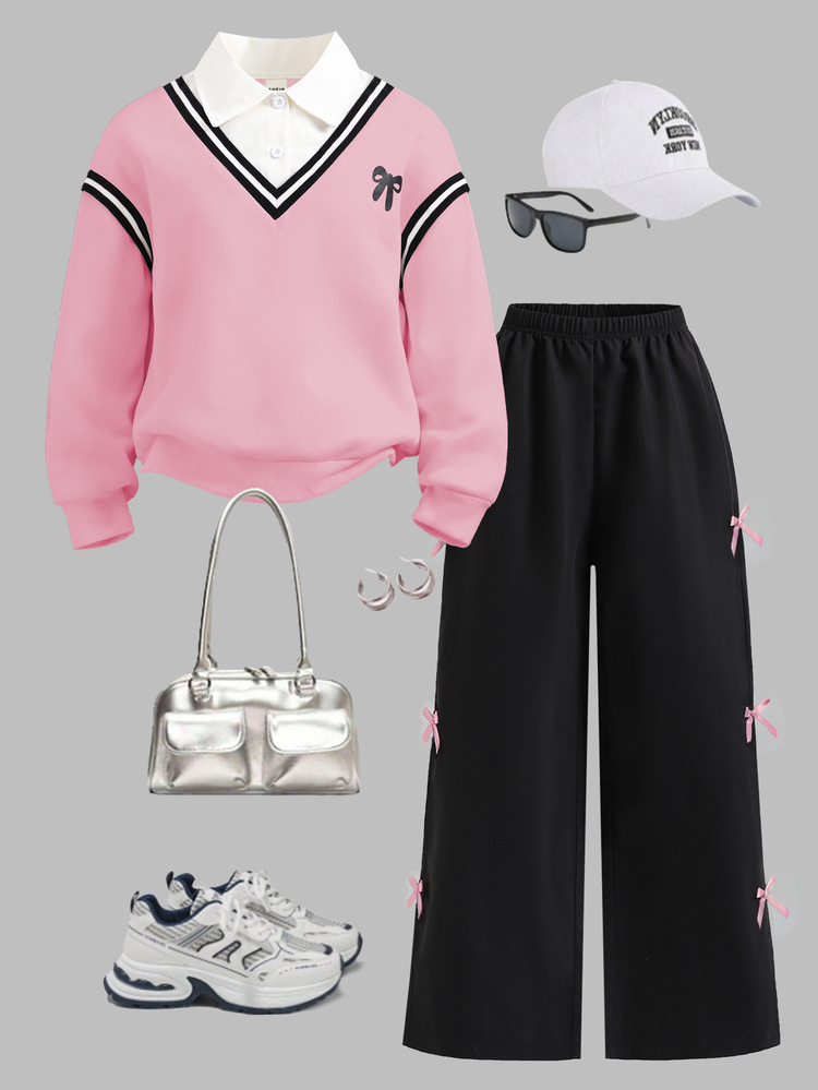 Tween Girls 2pcs/Set Round Neck Casual Everyday Commute School Style 2 In 1 Sweatshirt And Loose Wide-Leg Sweatpants Set, Spring/Autumn, Comfortable - Pink - View 3